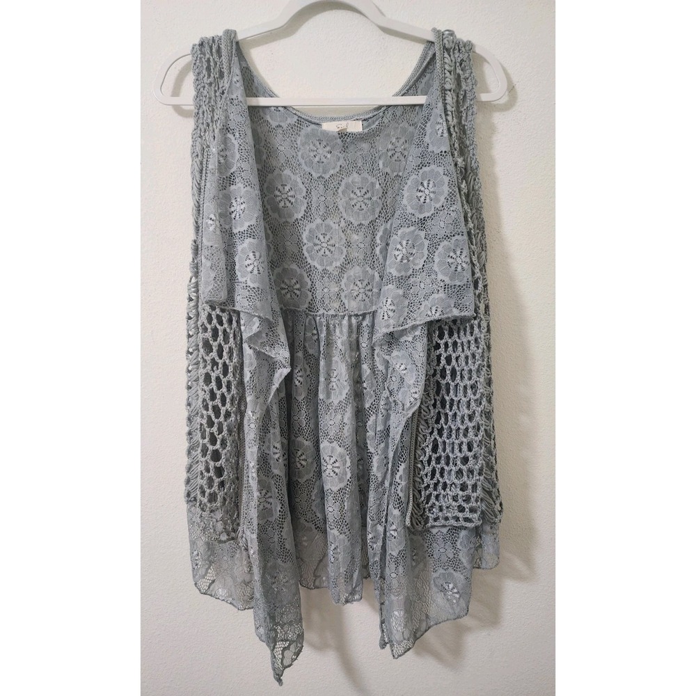 Easel Los Angeles Womens M Crochet Lace Open Front Vest Cardigan Blue Gray Boho